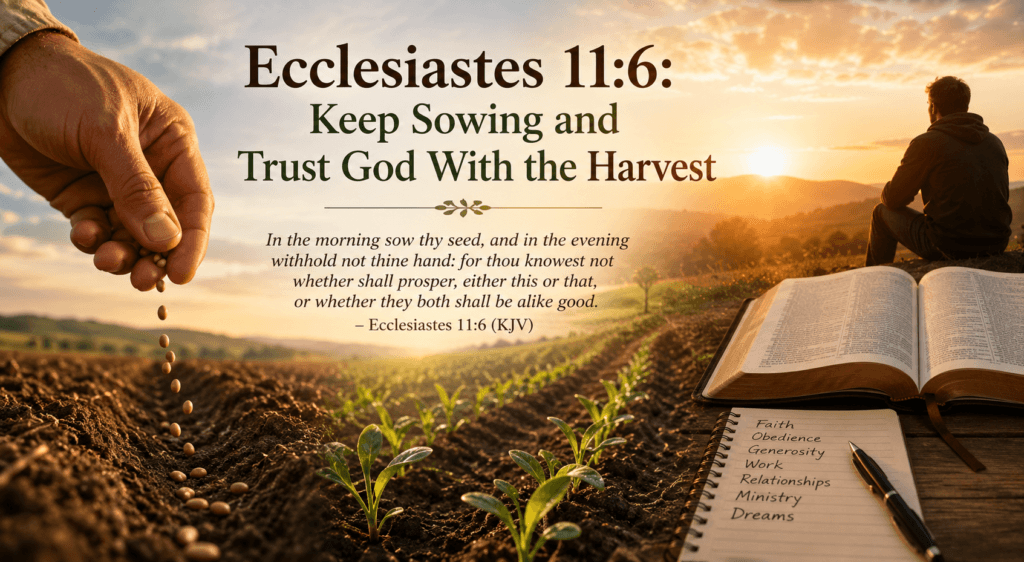 Image created with the assistance of ChatGPT by OpenAI Ecclesiastes 11:6: Keep Sowing and Trust God With the Harvest Sowing Seeds Open Bible and Notepad