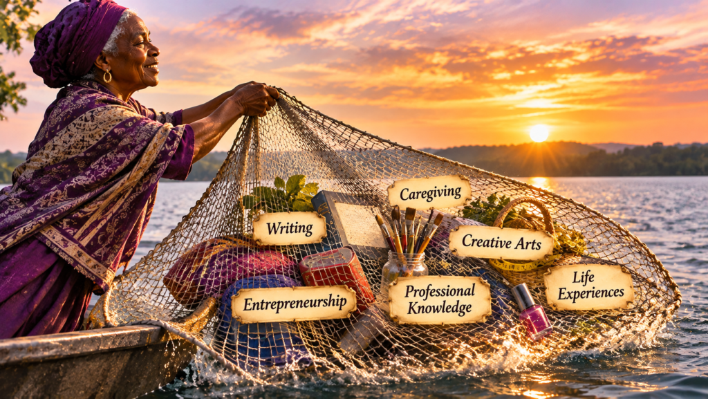 Woman gathering a wide net filled with symbols of writing, caregiving, creativity, entrepreneurship, and life experiences.