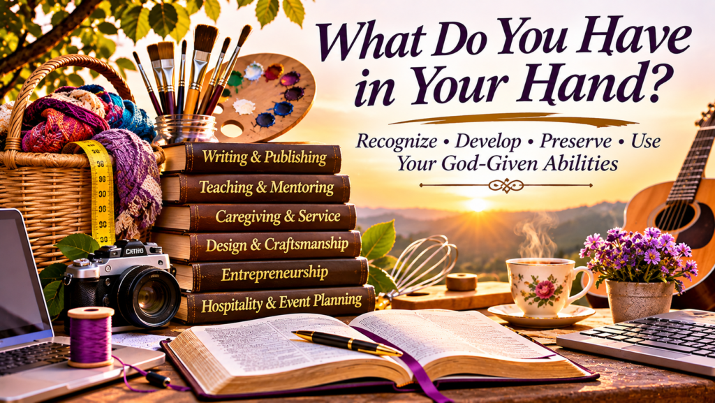 Collage of God-given abilities including writing, teaching, caregiving, craftsmanship, entrepreneurship, music, and hospitality.