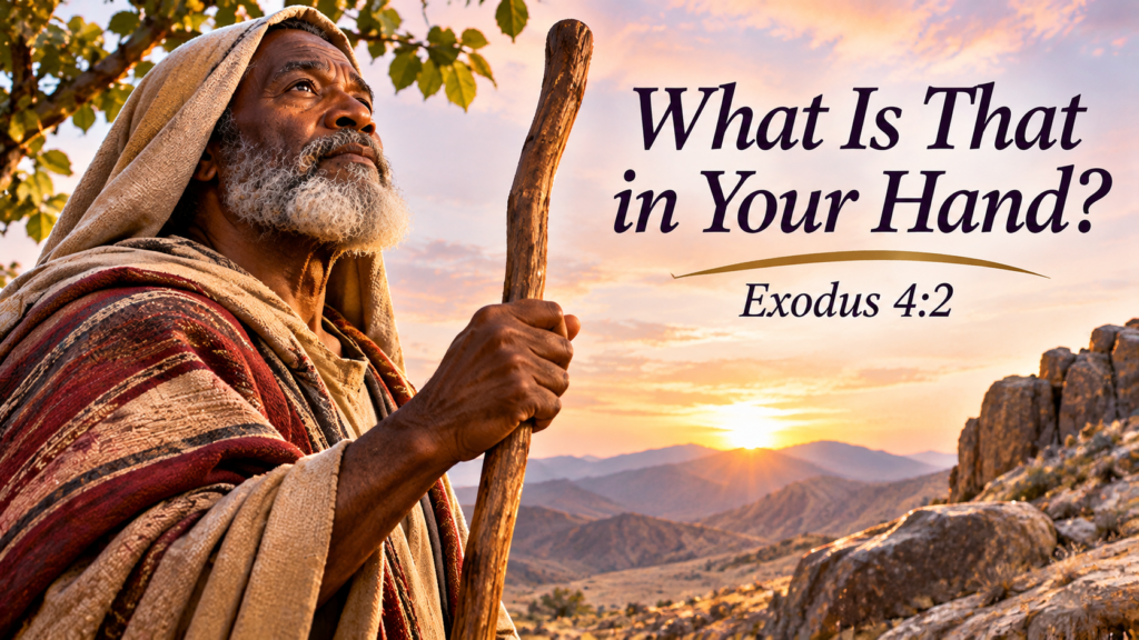 Moses holding his shepherd’s staff at sunrise, illustrating God’s question in Exodus 4:2: ‘What is that in your hand?